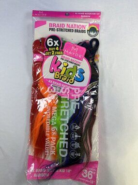 Mayde Beauty 6X Braid Nation Kid 18" Pre-Stretched Braids in the vibrant "Rainbo